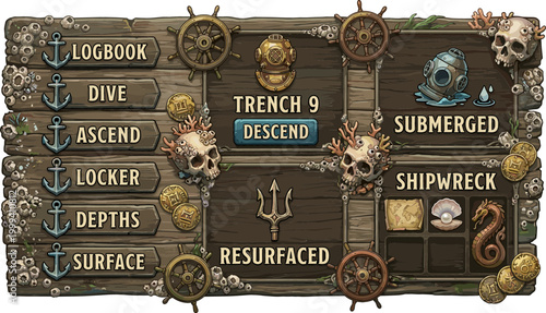 Underwater Adventure Game Navigation Icons for Trench Exploration, Diving, Shipwrecks, and Ocean Depths