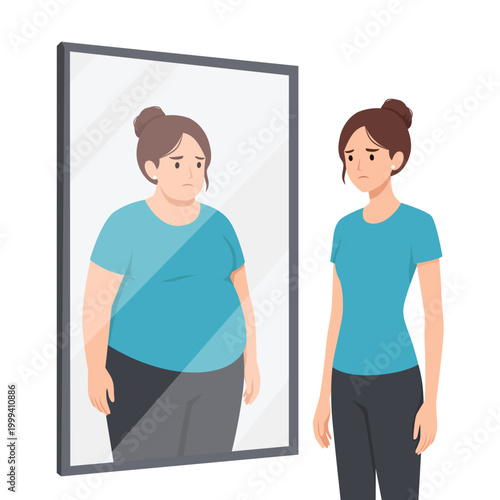 Sad Woman Seeing Overweight Reflection in Mirror Body Image. Flat vector illustration isolated on white background