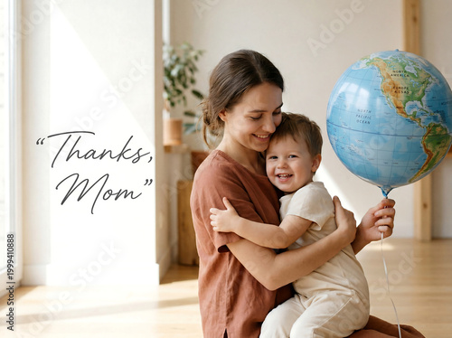 Happy Mother’s Day, Loving Mom Hugging Smiling Child at Home with Globe Balloon, Warm Family Love and Appreciation Concept