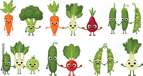 Cute and Friendly Vegetable Character Collection, Carrots, Broccoli, Peas, and Cucumbers for Fun, Eco-Friendly, and Kid-Friendly Designs