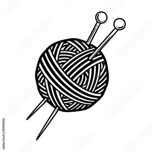 Yarn ball with knitting needles on white background