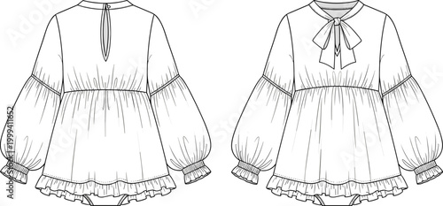 Long sleeve blouse fashion illustration, technical flat sketch, gathered sleeves, bow tie neckline, ruffled hem, keyhole back closure, garment silhouette
