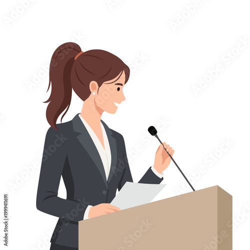 Businesswoman Speaking at Podium with Microphone During Presentation. Flat vector illustration isolated on white background
