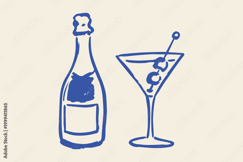 Obraz premium Champagne bottle cocktail glass naive hand drawn sketch vector