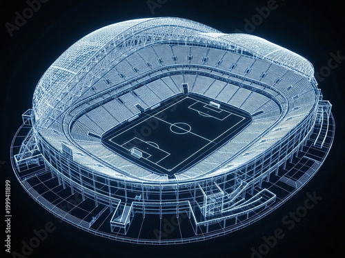 Futuristic 3D Wireframe Football Stadium Illustration, Digital Blueprint of Modern Soccer Arena for Technology and Architecture Concepts
