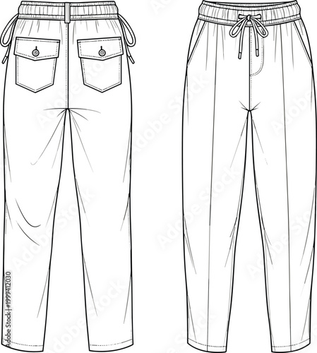 Pants fashion illustration, technical flat sketch, elastic waistband with drawstring tie, side pockets, back flap pockets, garment construction silhouette