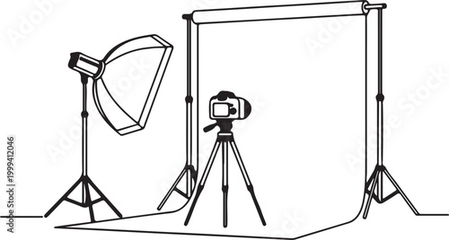Illustration of a professional photography studio setup with lighting equipment, camera, and backdrop for creative visual projects