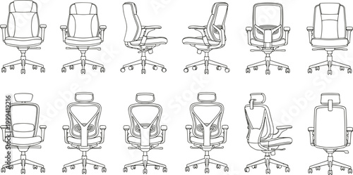 Vector illustration of office chairs in ergonomic designs with mesh and padded styles in decorative design