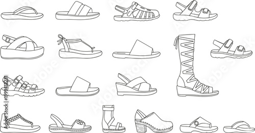 Vector illustration of sandals and open footwear in diverse styles including flip‑flops, slides and gladiator designs in decorative design