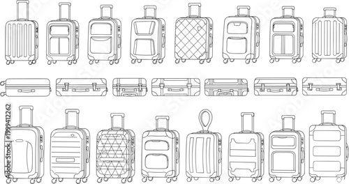 Vector illustration of suitcases in different designs and styles with wheels and handles in decorative design