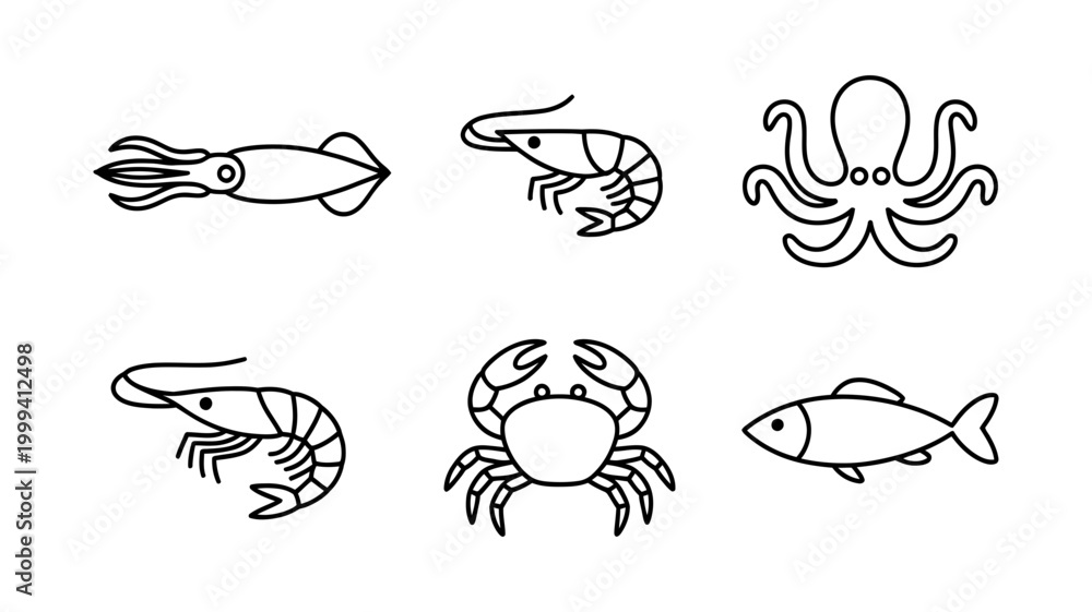 Obraz premium Collection of simple line icons representing seafood: squid shrimp octopus crab fish with illustration