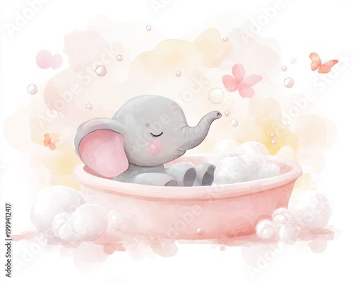 Elephant character relaxing in a spa bubble bath for mental health and relaxation concepts