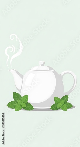 Refreshing Mint Tea - A Soothing Herbal Infusion in a White Teapot.