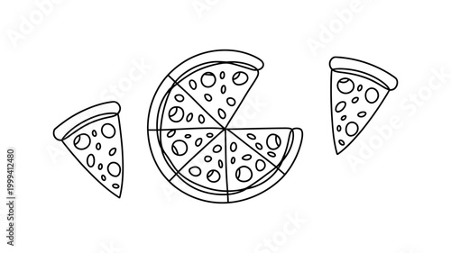 Outline illustration of a pizza cut into slices with toppings delicious appetite illustration marinara