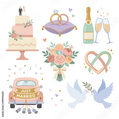 Beautiful collection of wedding icons including a cake, rings, champagne, doves, and a car