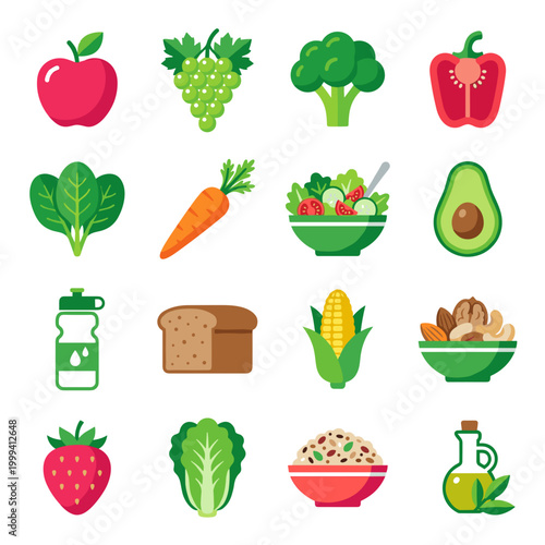 Vibrant collection of flat design icons featuring diverse wholesome food, including fresh fruits, crisp vegetables, whole grains, nuts, and healthy fats, ideal for balanced diet and nutrition themes