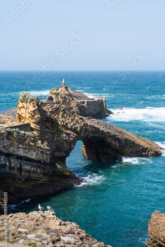 Seascape of Biarritz in spring with the Virgin Mary Rock. Basque Country of France.