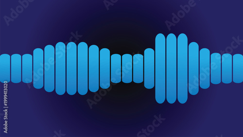 Blue digital audio sound wave visualization with rounded bars on dark purple background for music technology