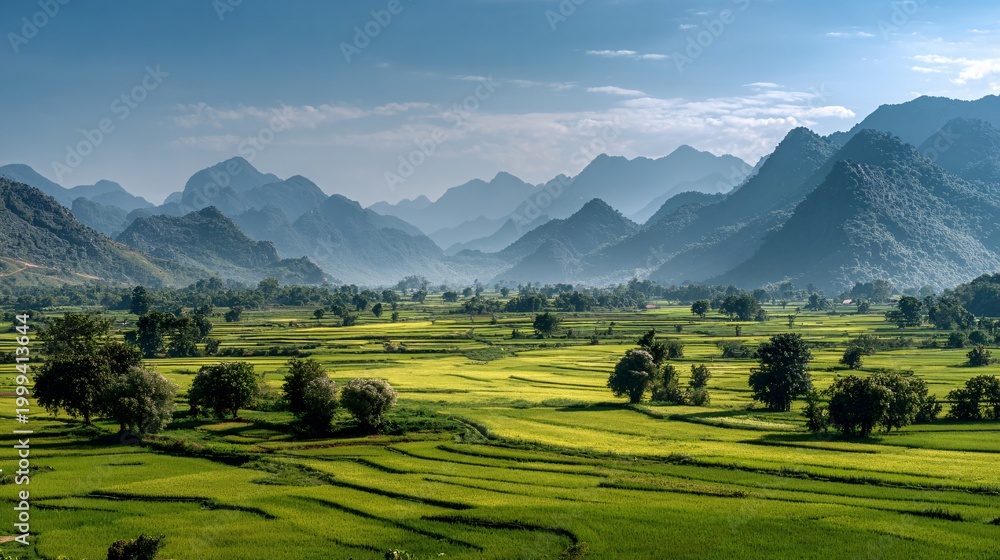 Obraz premium Serene Rice Fields Surrounded by Majestic Mountains in Countryside