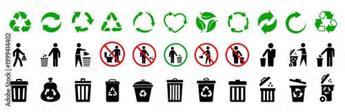 Recycle icons set, trash bin, trash can icons with man, permission and prohibition