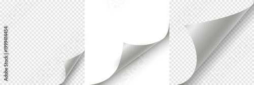 Blank page with curled edge corner from smaller to larger set, rolled up stickers set, peel banners, bent sheet, page curl sheet, curled page corner isolated