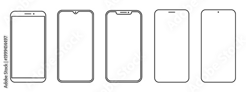 Smartphone models with empty touch screen front view icon. Detailed line mockup smartphone sign, linear model mobile phone, ui, ux, front view