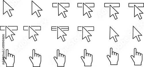 Collection of hand cursor icons and finger pointing silhouettes