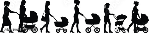 Silhouettes of Women Pushing Strollers on White Background Keywords: women, mothers, mothers with strollers, silhouette, black