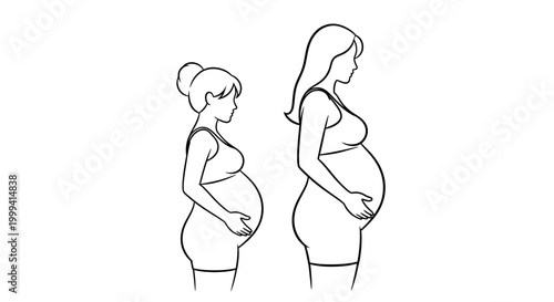 Black and white line art illustration of two pregnant women standing in profile.