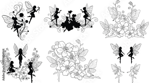 Elegant fairy silhouettes with flowers and decorative floral compositions fantasy vector illustration set isolated on white background
