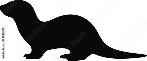Black silhouette of a standing otter with its head turned to the left on a white background animal wildlife
