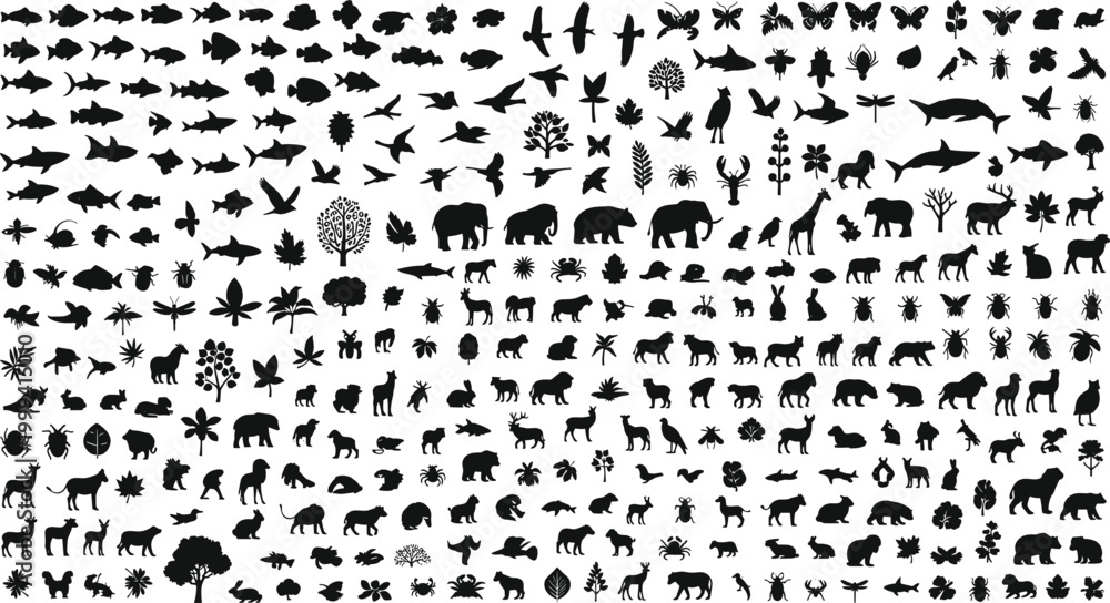 Fototapeta premium Huge collection of animal plant and insect silhouettes including wildlife birds fish and trees black vector icon set
