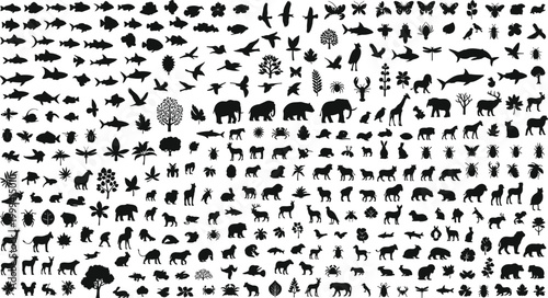 Huge collection of animal plant and insect silhouettes including wildlife birds fish and trees black vector icon set