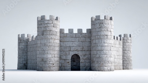 A Realistic 3D Model of a Medieval Castle Structure Showcasing Stone Walls and Towering Battlements in a Clean, Minimalistic Environment