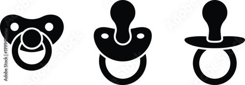 Three Black Silhouette Pacifier Icons with Different Designs Keywords: pacifier, dummy, soother, baby, infant, child, nipple, shield