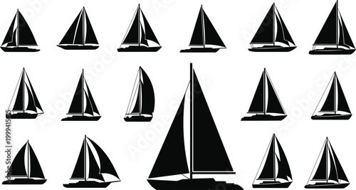 Set of sailboat silhouettes isolated on white background nautical yacht icons collection for marine and travel design use