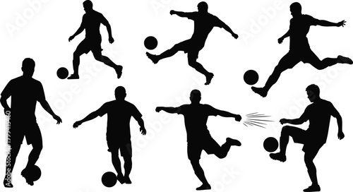 Soccer player silhouettes kicking ball in action poses football athletes vector illustration set isolated on white background