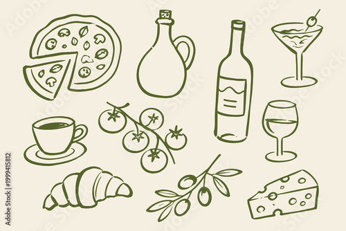 Italian food and drink set naive sketch vector illustration