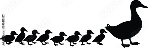 Black silhouette of a mother duck leading a line of eight ducklings on a white background family animals