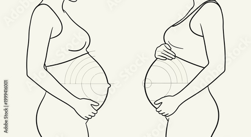 Minimalist line art illustration of two pregnant women facing each other.