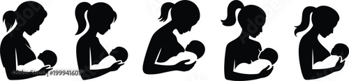 Five Black Silhouettes of Mothers Breastfeeding Babies on White Background baby nursing