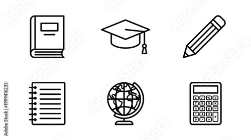 Set of six essential education and school supplies line icons.