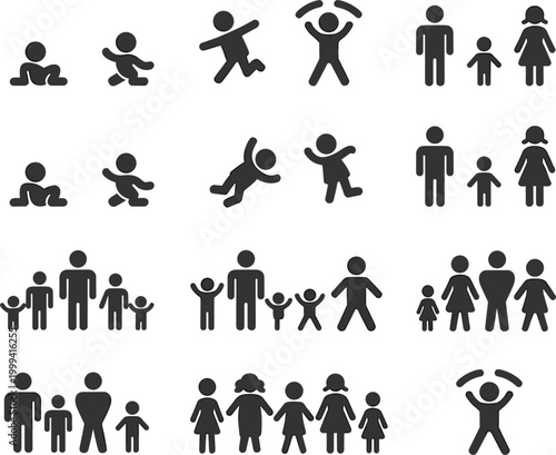 Grid of various black icons depicting people in different stages of life and family groups figures