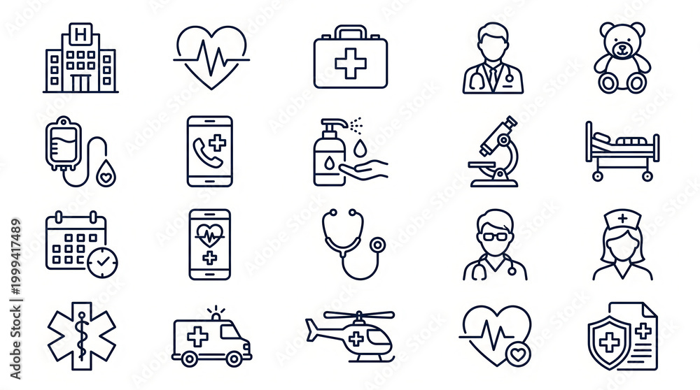 Fototapeta premium medical icons set Collection of modern thin line icons related to medical, healthcare, and hospital services. The set includes symbols such as hospital building, heartbeat, first aid kit, doctor, tedd