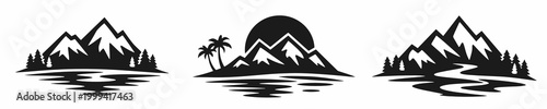 Set of three mountain landscape silhouettes on white background: snowy peaks with pine trees and river, tropical island with palm tree and sun, mountain range with forest and water reflection.