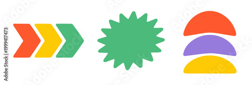Three bold flat icons — red chevron arrows, a green starburst, and a purple-yellow layered semicircle arch on white background. Dynamic graphic set.