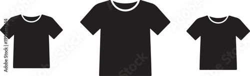 A minimalist graphic illustration showcasing a collection of three plain black short-sleeved t-shirts, representing various clothing sizes and versatile apparel options for everyday wear