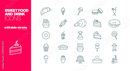 Sweets line icon set. Sweet food and drink icons, editable stroke