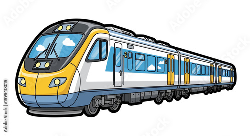 Modern yellow and white commuter train traveling on tracks in urban setting with blue accents and large windows transportation