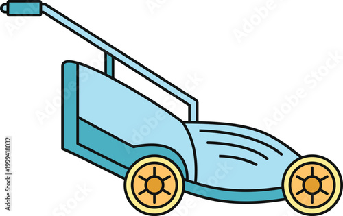 Blue lawn mower icon on white background representing gardening equipment